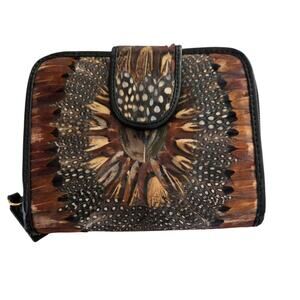 Vintage Comeco Peacock Feather Small Zipper Wallet Faux Leather Boho Witchy